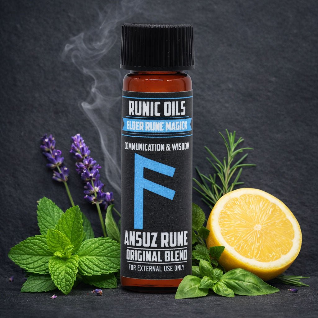 Runic Oils bottle with herbs and lemon on a dark background