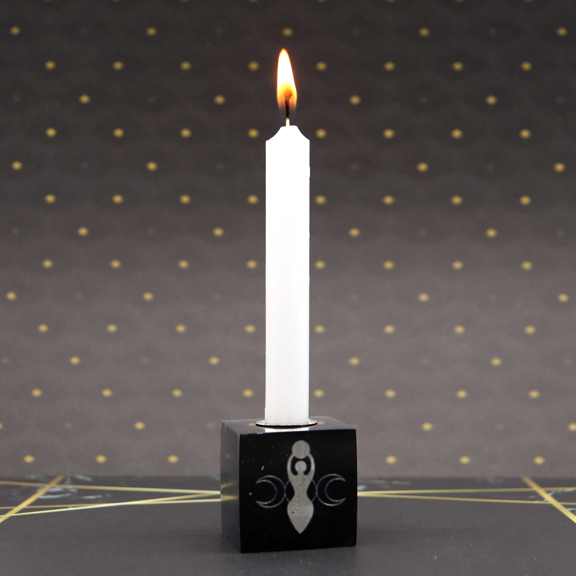 Black Onyx with Pyrite Engraved Goddess Candle Holder - 13 Moons