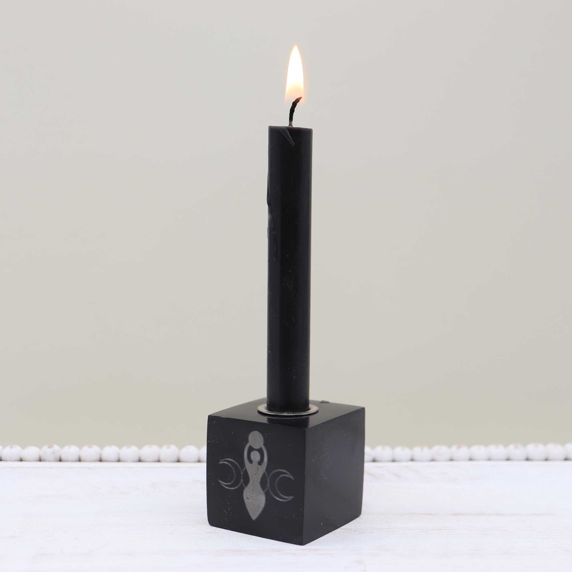 Black Onyx with Pyrite Engraved Goddess Candle Holder - 13 Moons