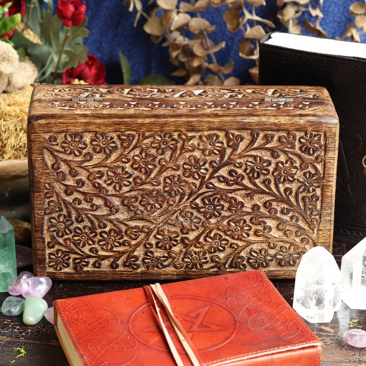 Floral Carved Wood Box - 13 Moons