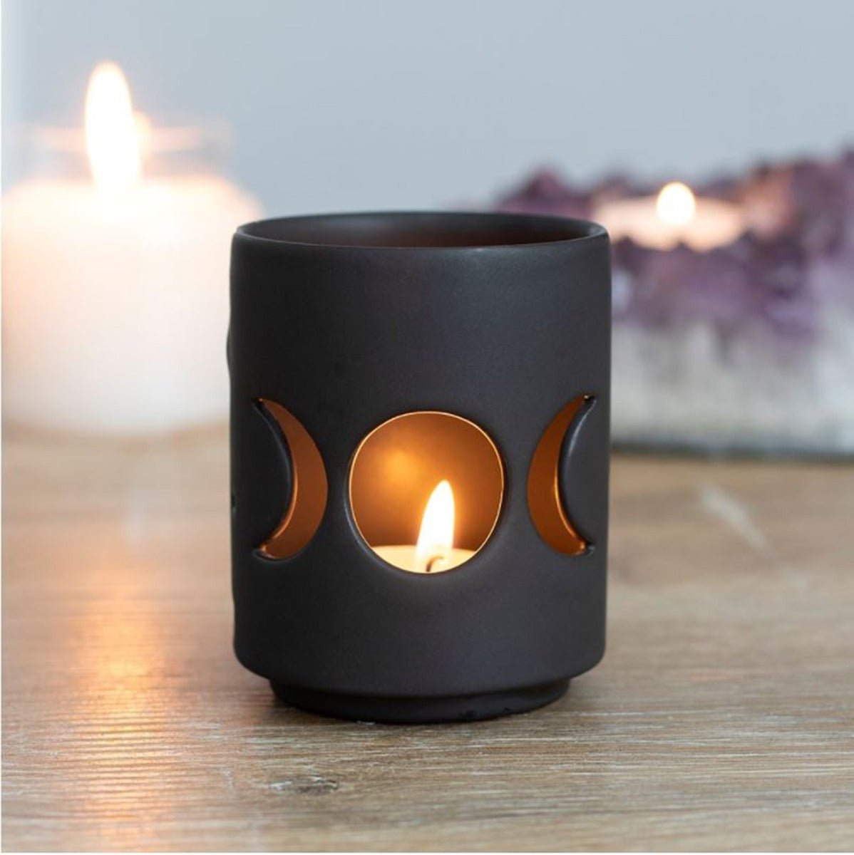 TRIPLE MOON AROMA OIL BURNER. Purple Ceramic Wax Warmer Altar