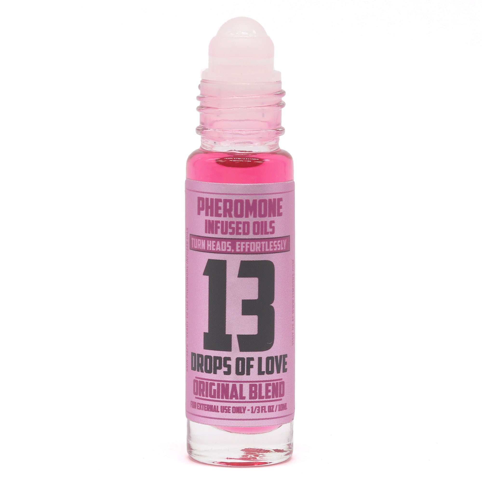 Roll-on bottle labeled '13 Drops of Love' with pink cap on a white background
