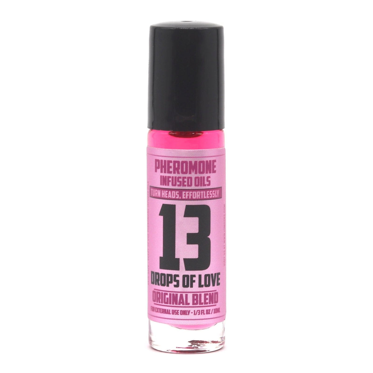 Pink bottle of '13 Drops of Love' with black cap on a white background