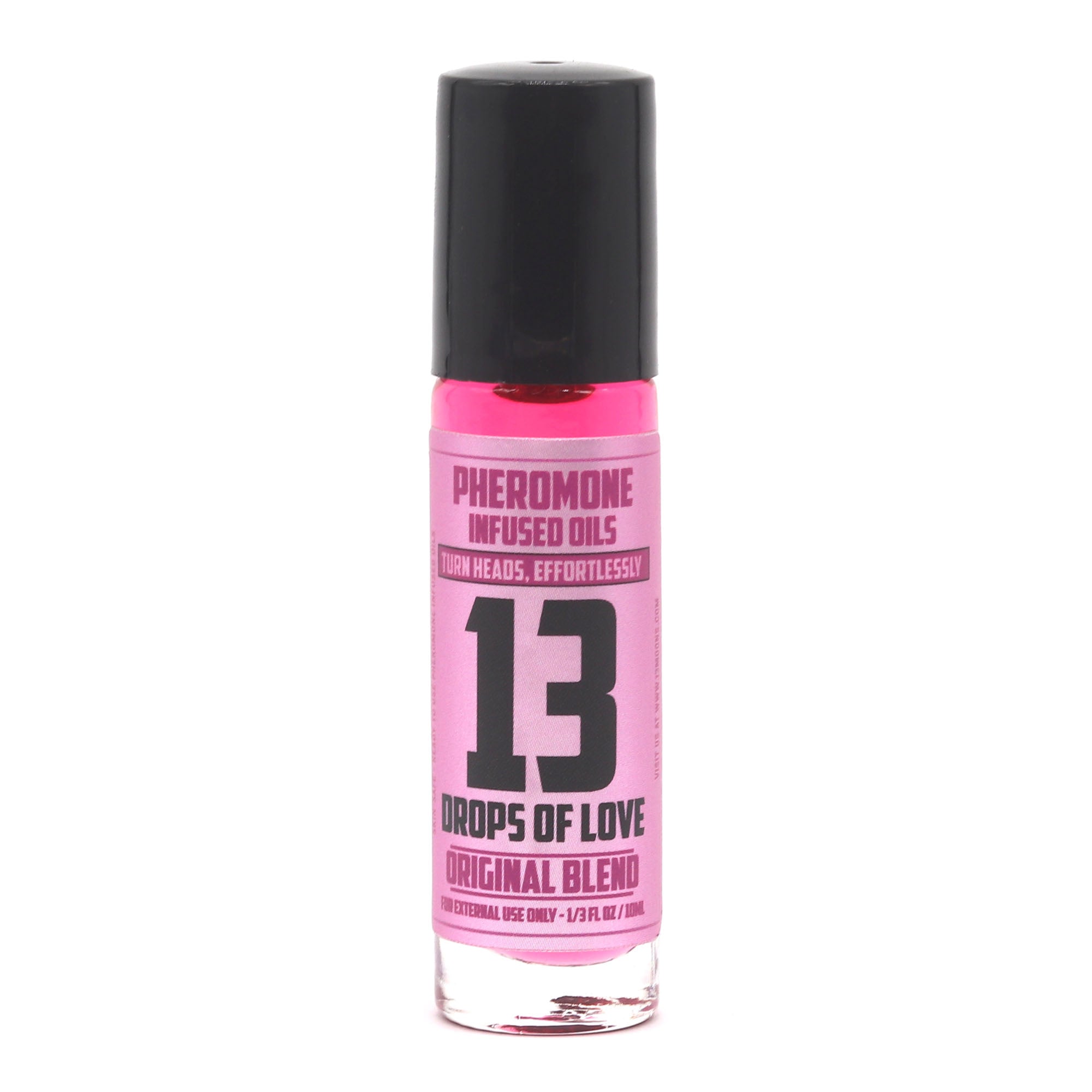 Pink bottle of '13 Drops of Love' with black cap on a white background