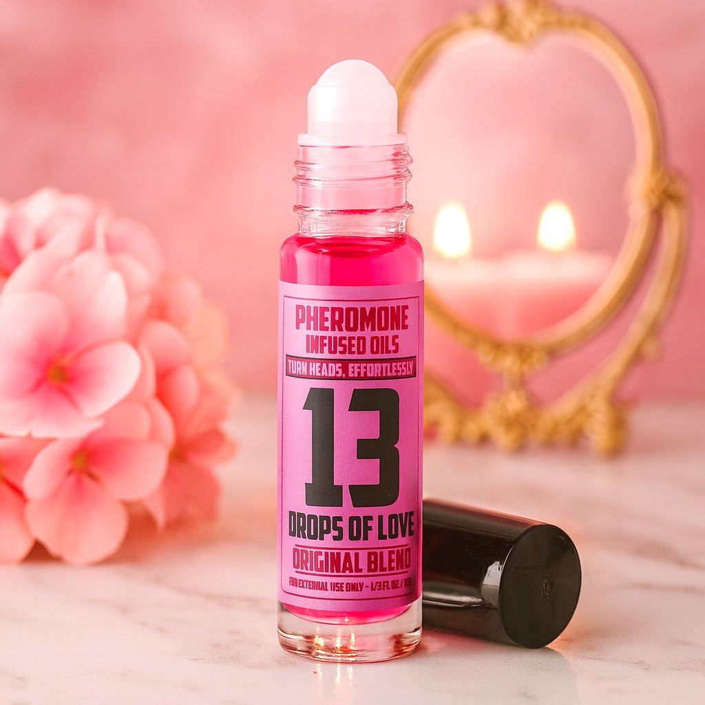 Pink bottle of '13 Drops of Love' Pheromone Infused Oils with a decorative mirror and flowers in the background.