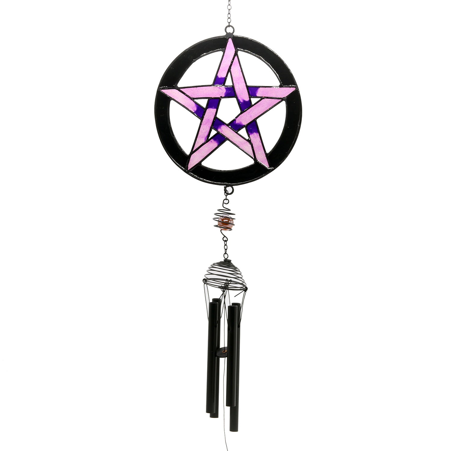 Decorative wind chime with pentagram design on a white background
