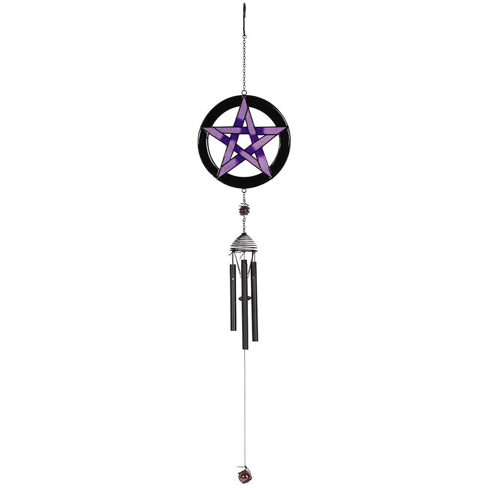 Decorative wind chime with purple pentagram design on a white background
