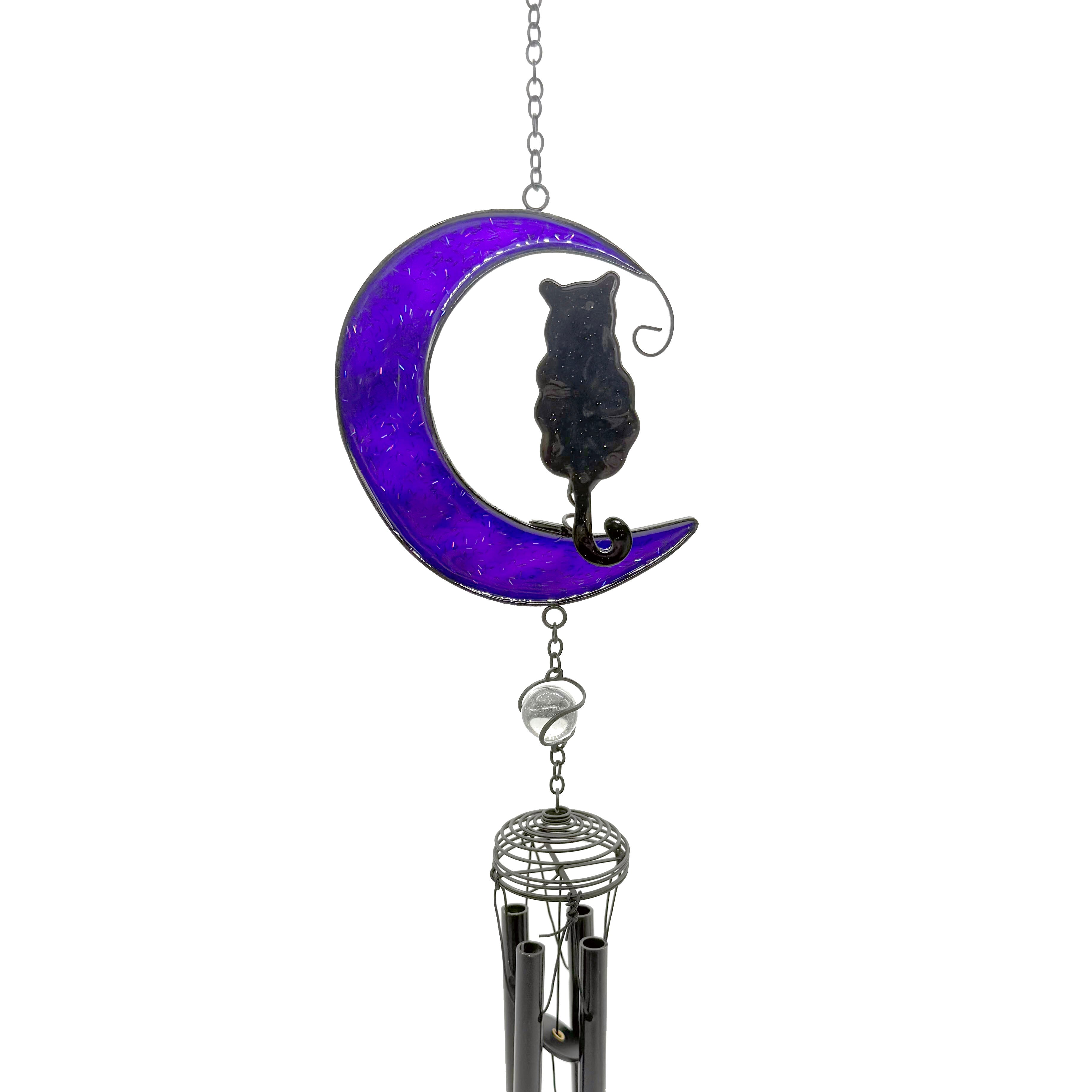 Black Cat on Purple Crescent Moon Wind Chime