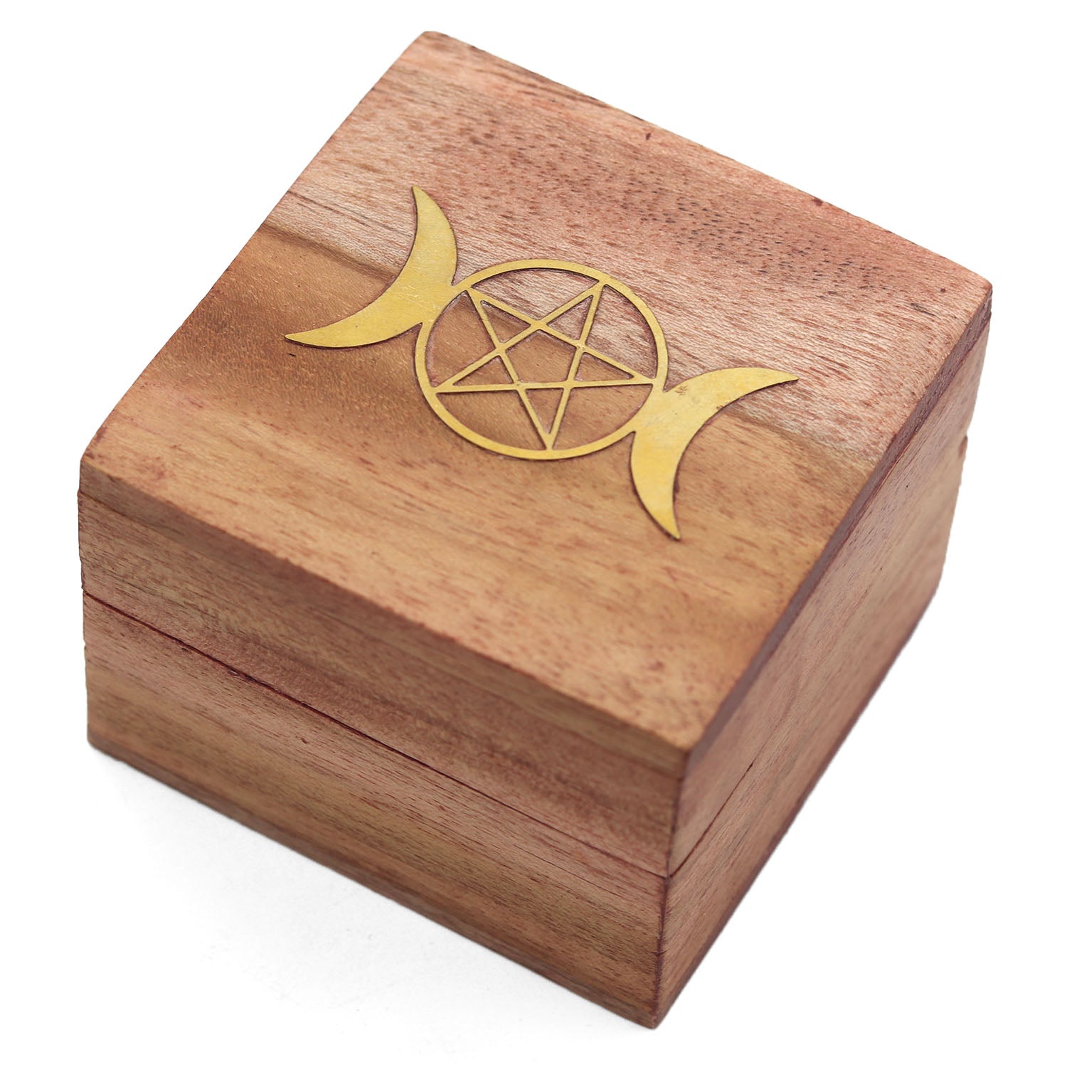 Triple Moon Pentacle Brass Inlay Wooden Mini Box