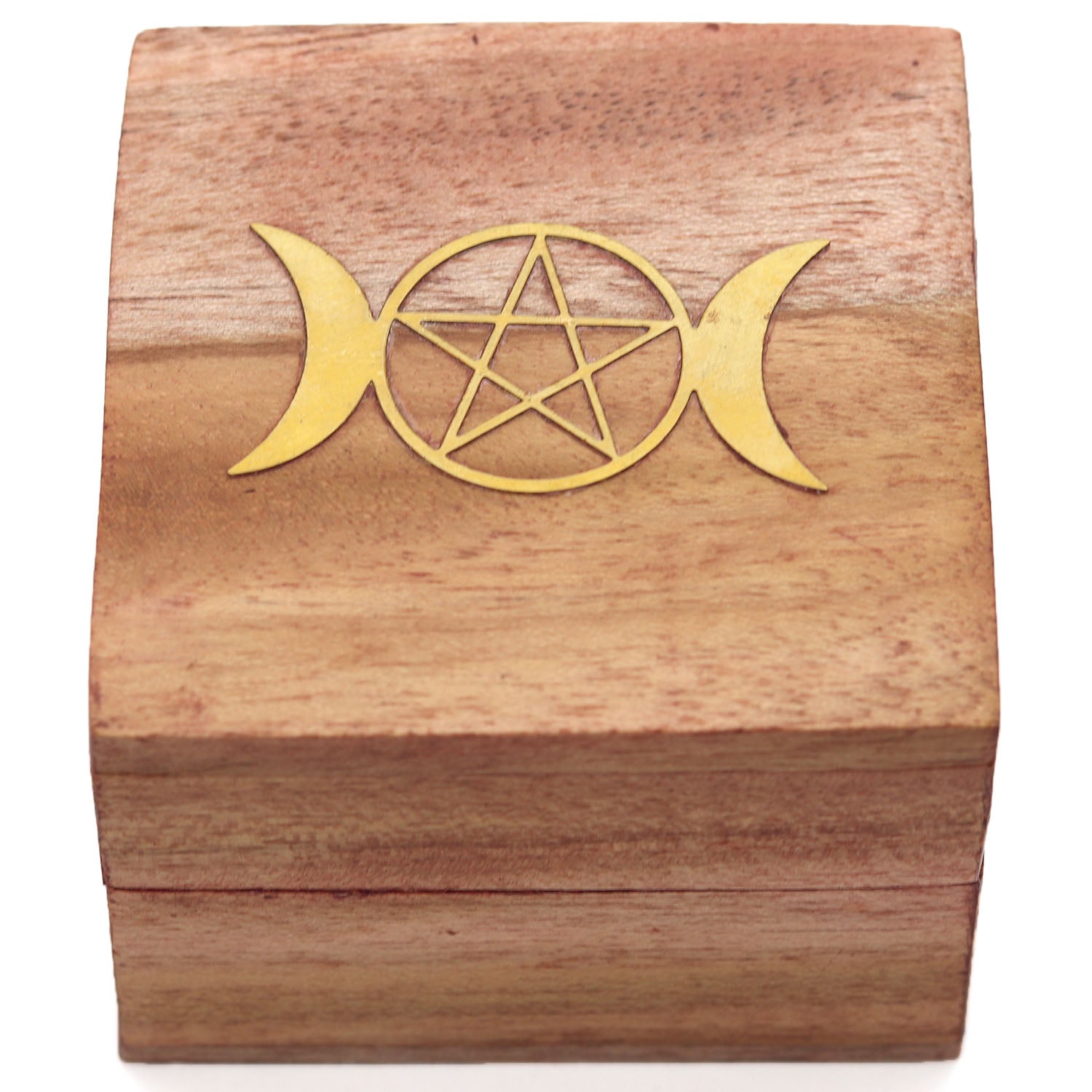 Triple Moon Pentacle Brass Inlay Wooden Mini Box