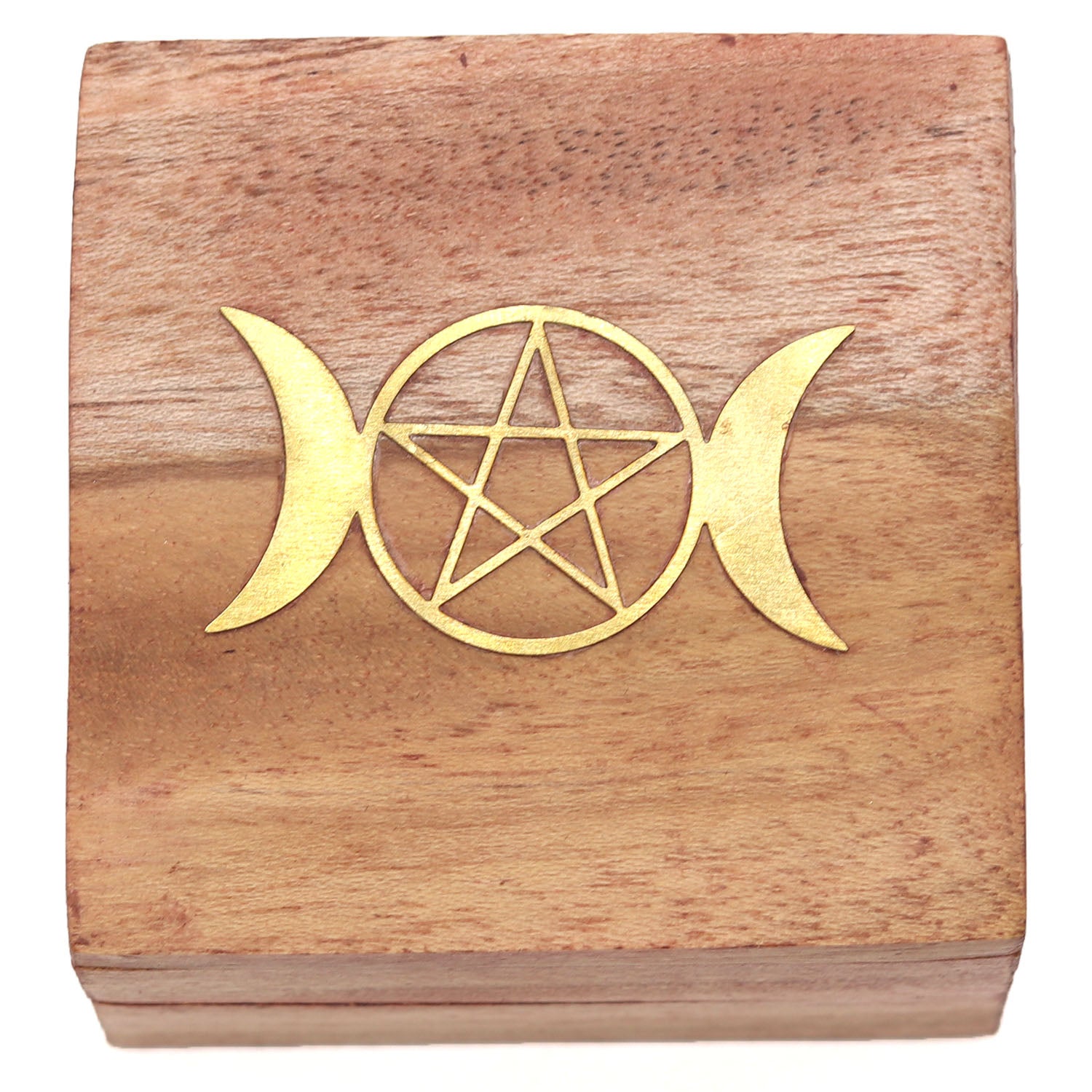 Triple Moon Pentacle Brass Inlay Wooden Mini Box
