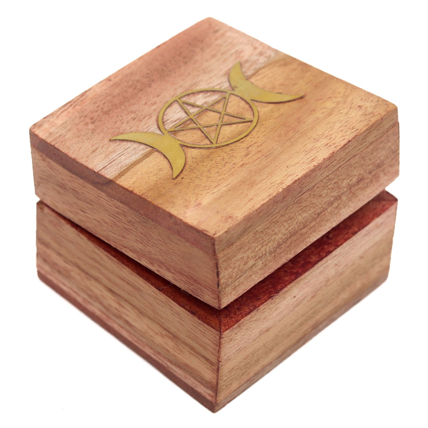 Triple Moon Pentacle Brass Inlay Wooden Mini Box