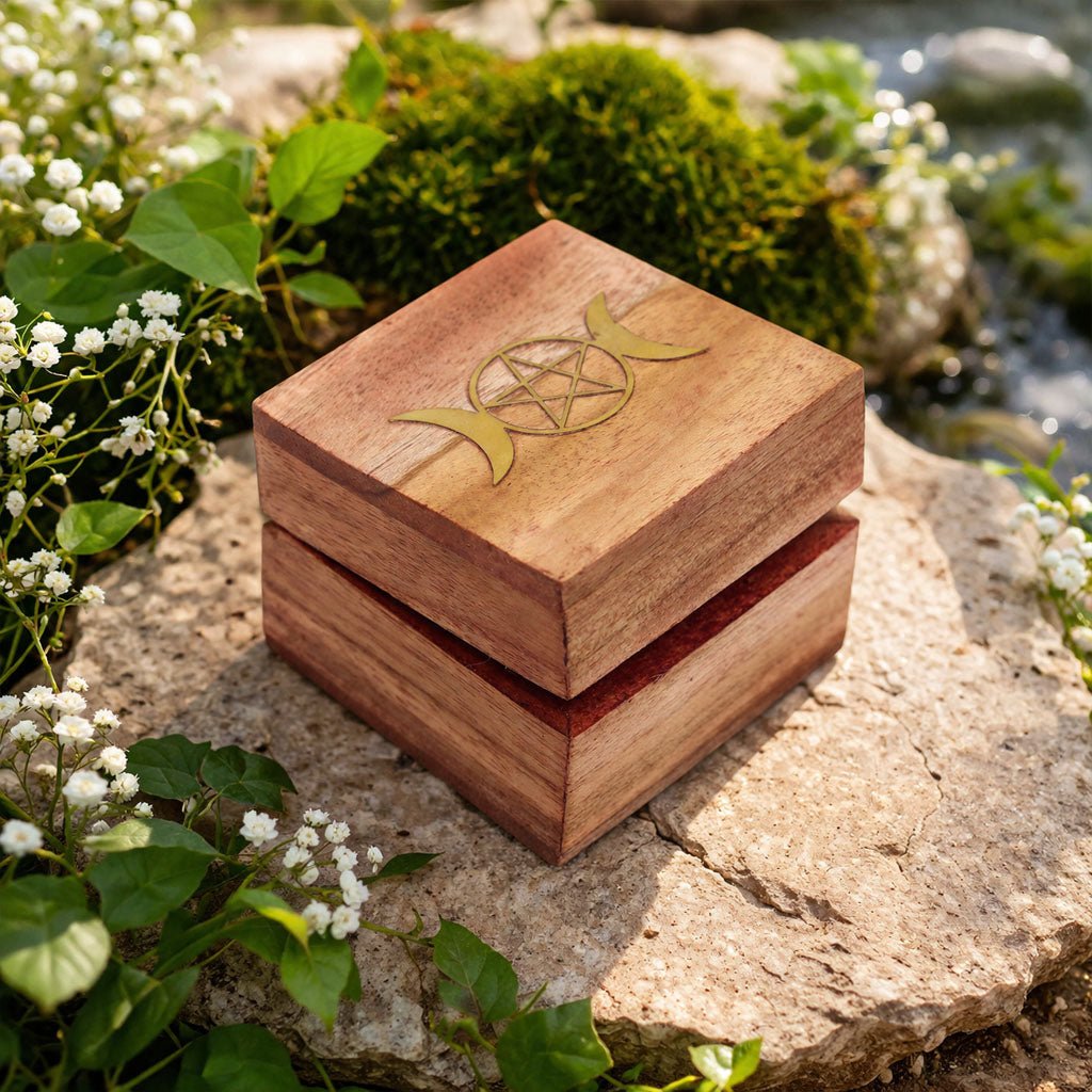 Triple Moon Pentacle Brass Inlay Wooden Mini Box