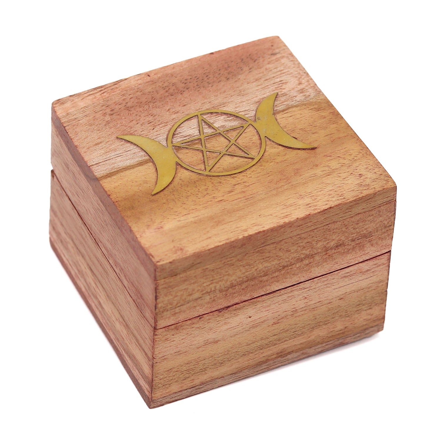 Triple Moon Pentacle Brass Inlay Wooden Mini Box