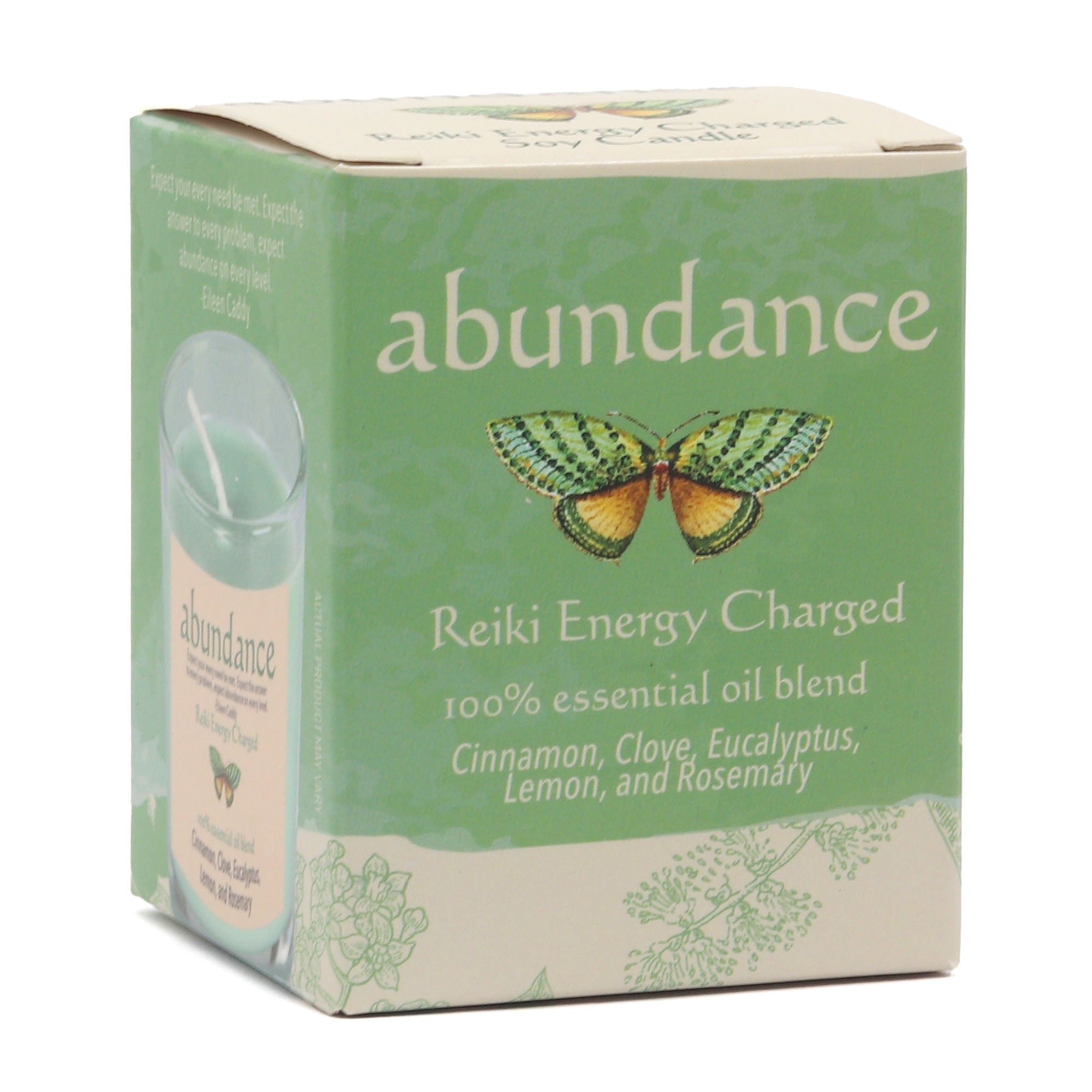 Box of 'abundance' Reiki Energy Charged essential oil blend with butterfly illustration on a white background