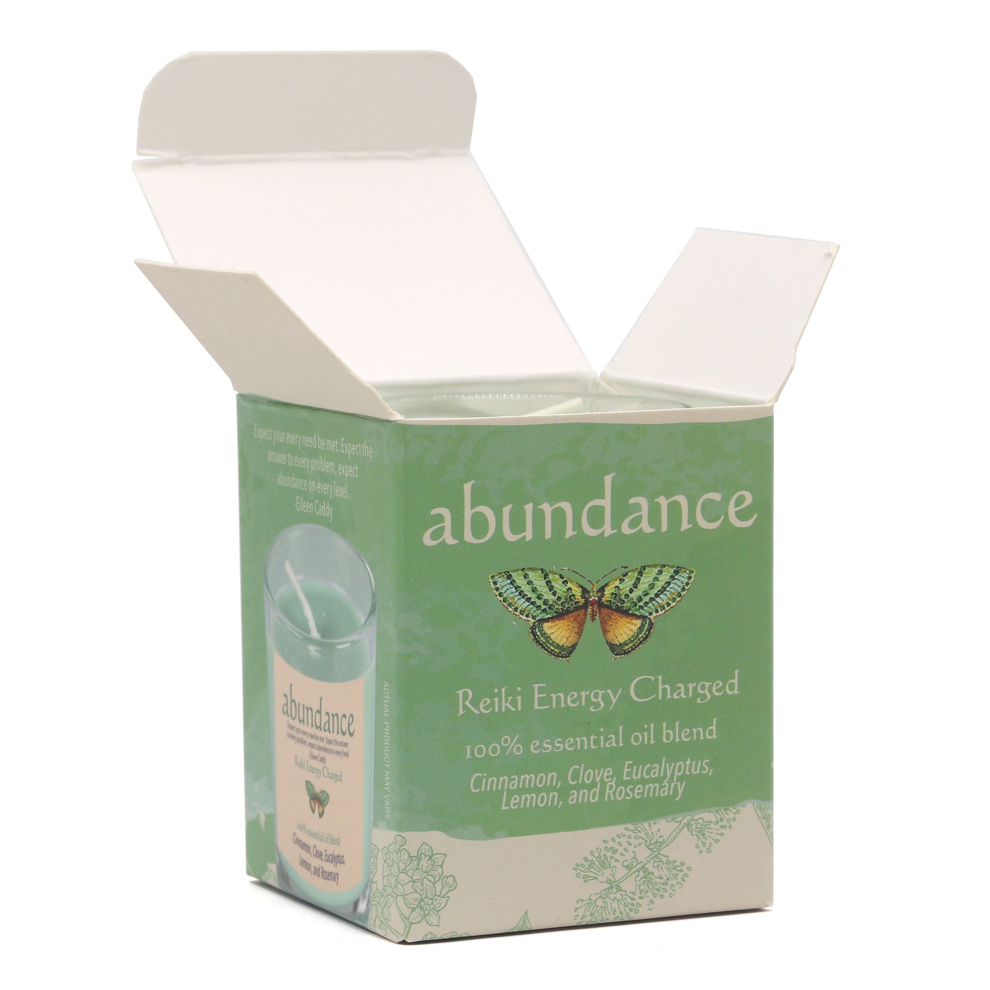 Box of 'abundance' Reiki Energy Charged essential oil blend with a butterfly illustration on a white background
