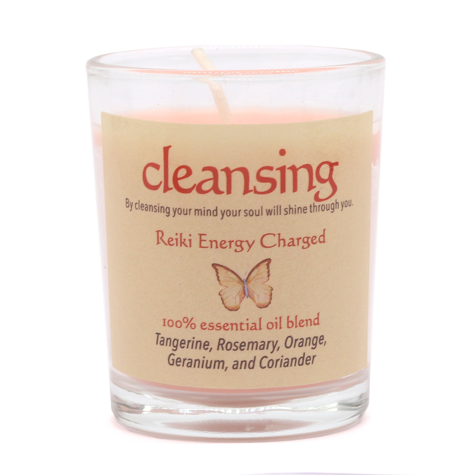 Candle with a label indicating 'cleansing' and 'Reiki Energy Charged' on a white background