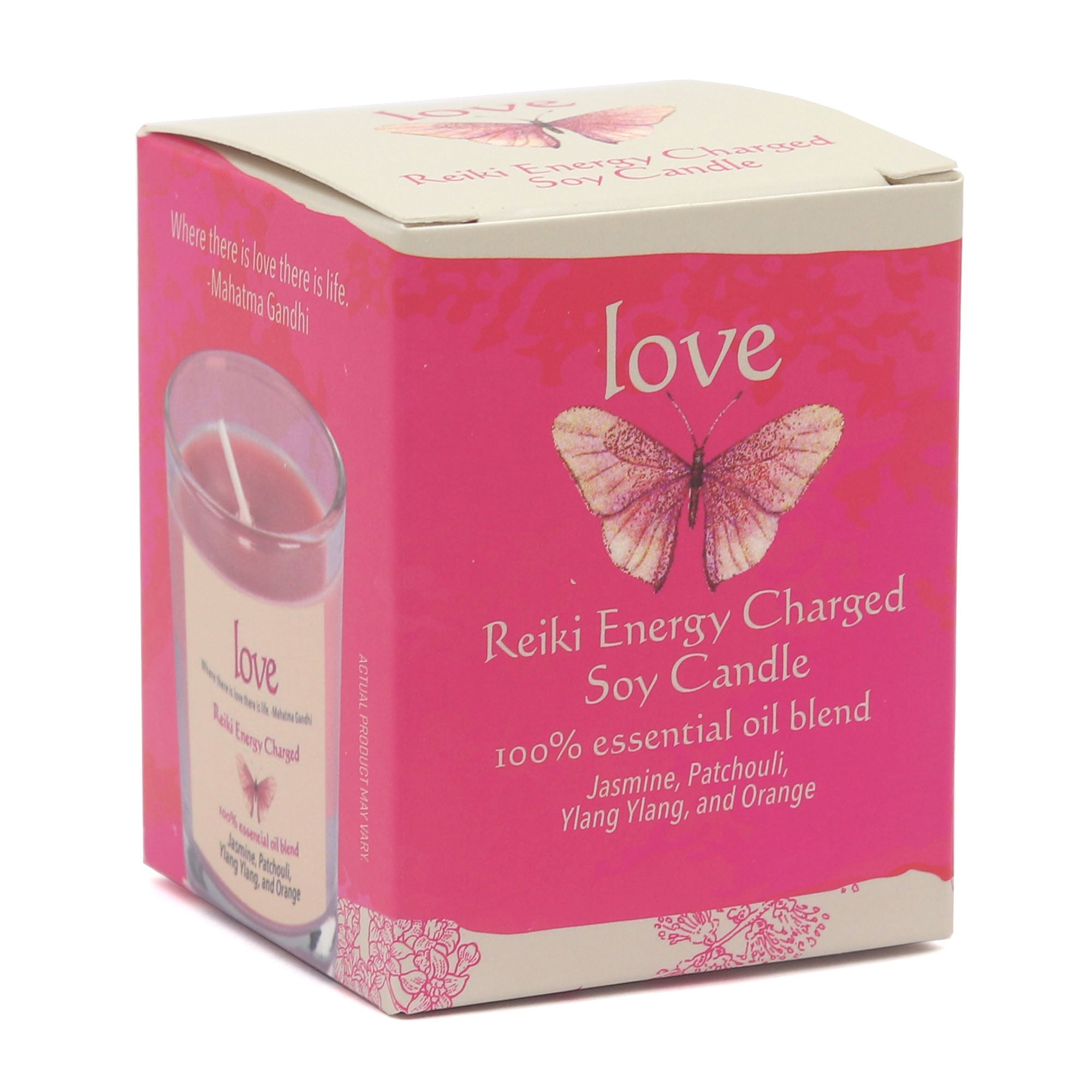 Pink box of Reiki Energy Charged Soy Candle with butterfly design on a white background