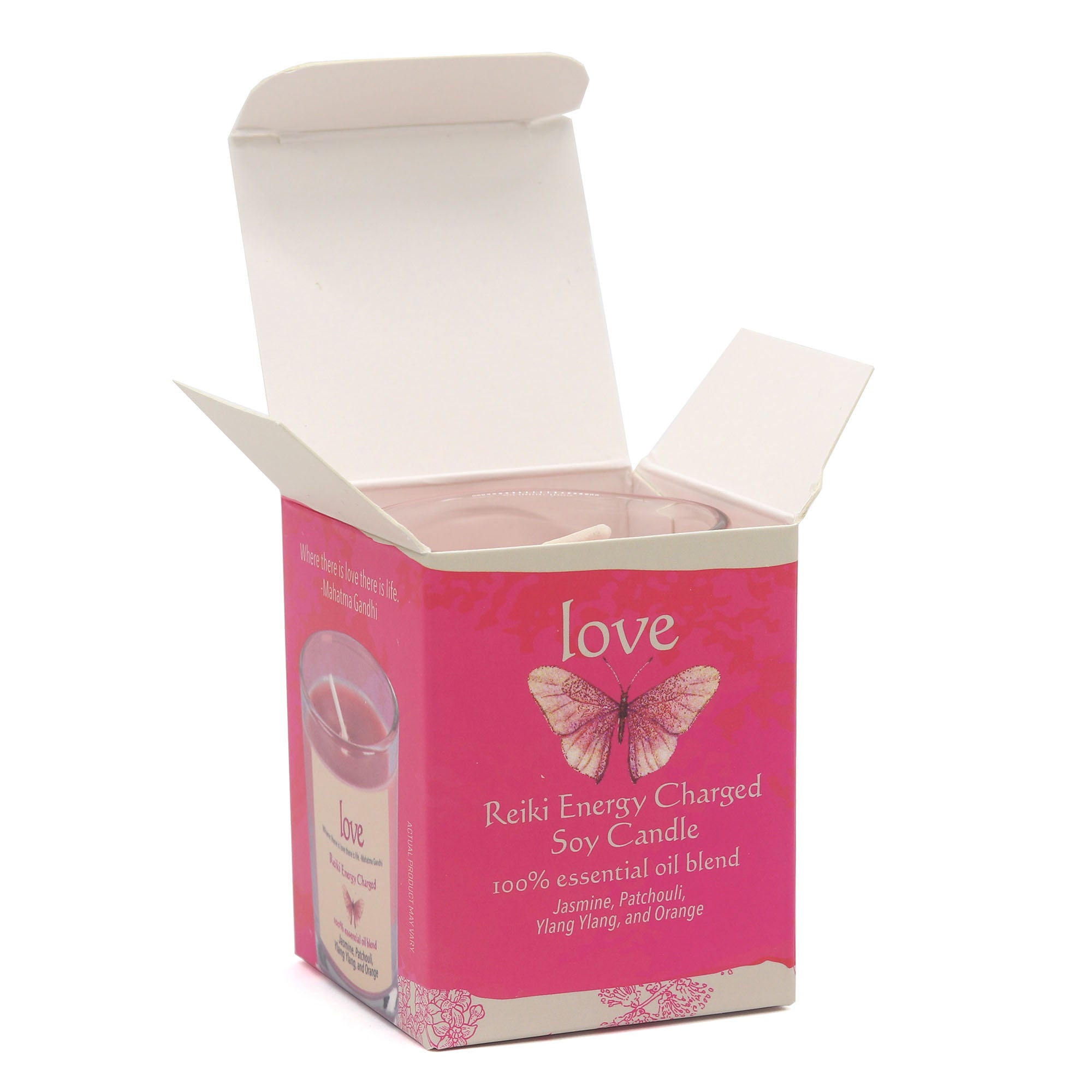 Pink candle box with 'love' and butterfly design on a white background