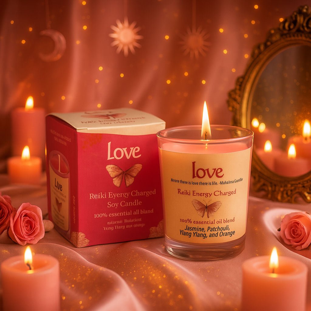 Candle with 'Love' packaging on a decorative background with other candles and flowers.