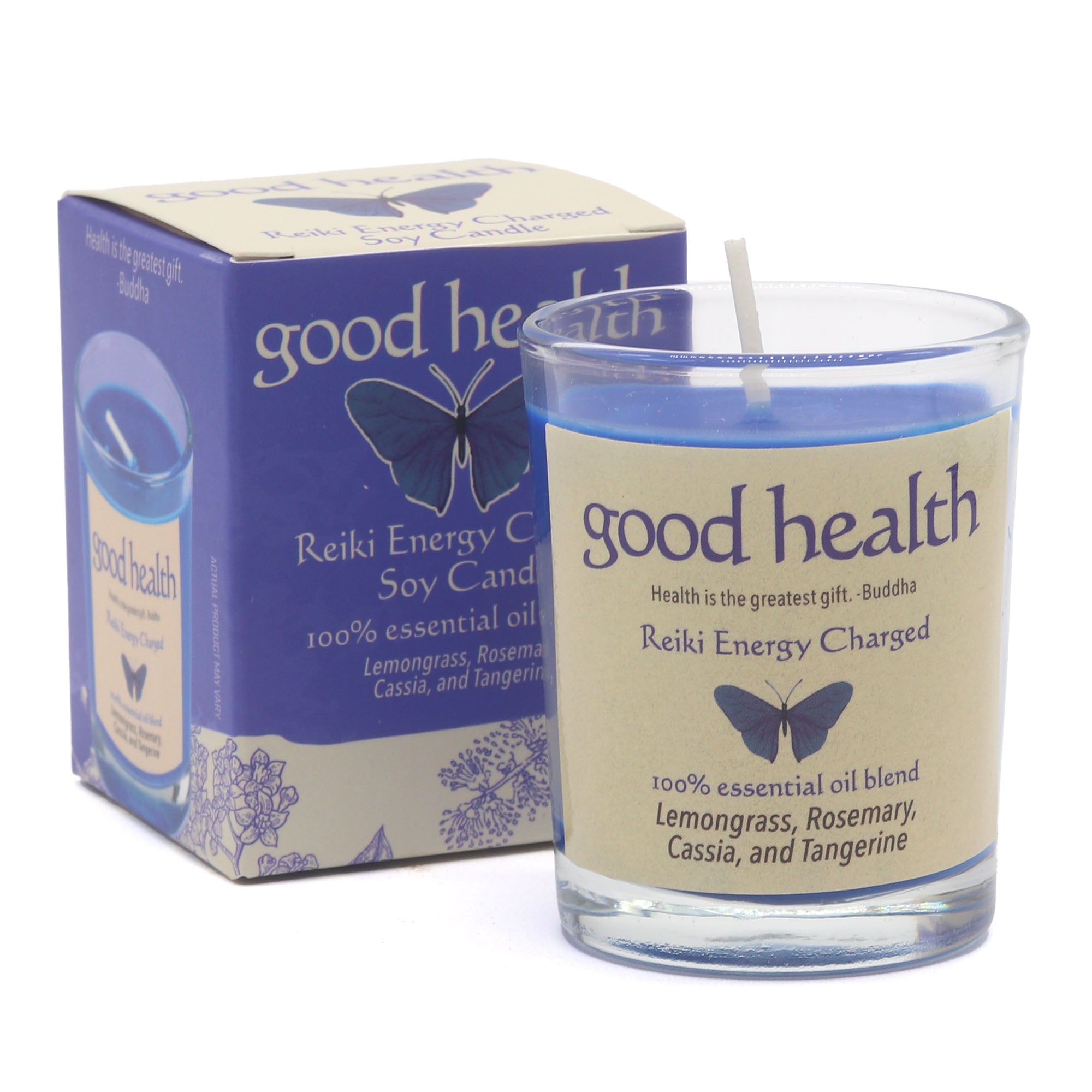 Good Health Reiki Energy Charged candle with packaging on a white background