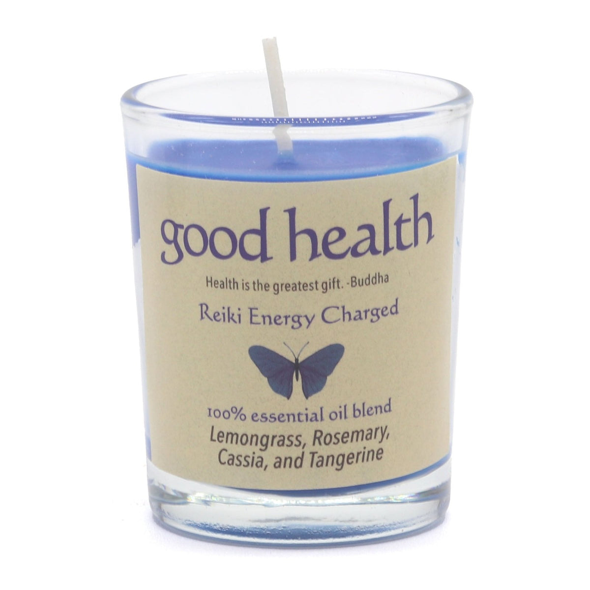 Candle in a glass jar with a 'good health' label on a white background