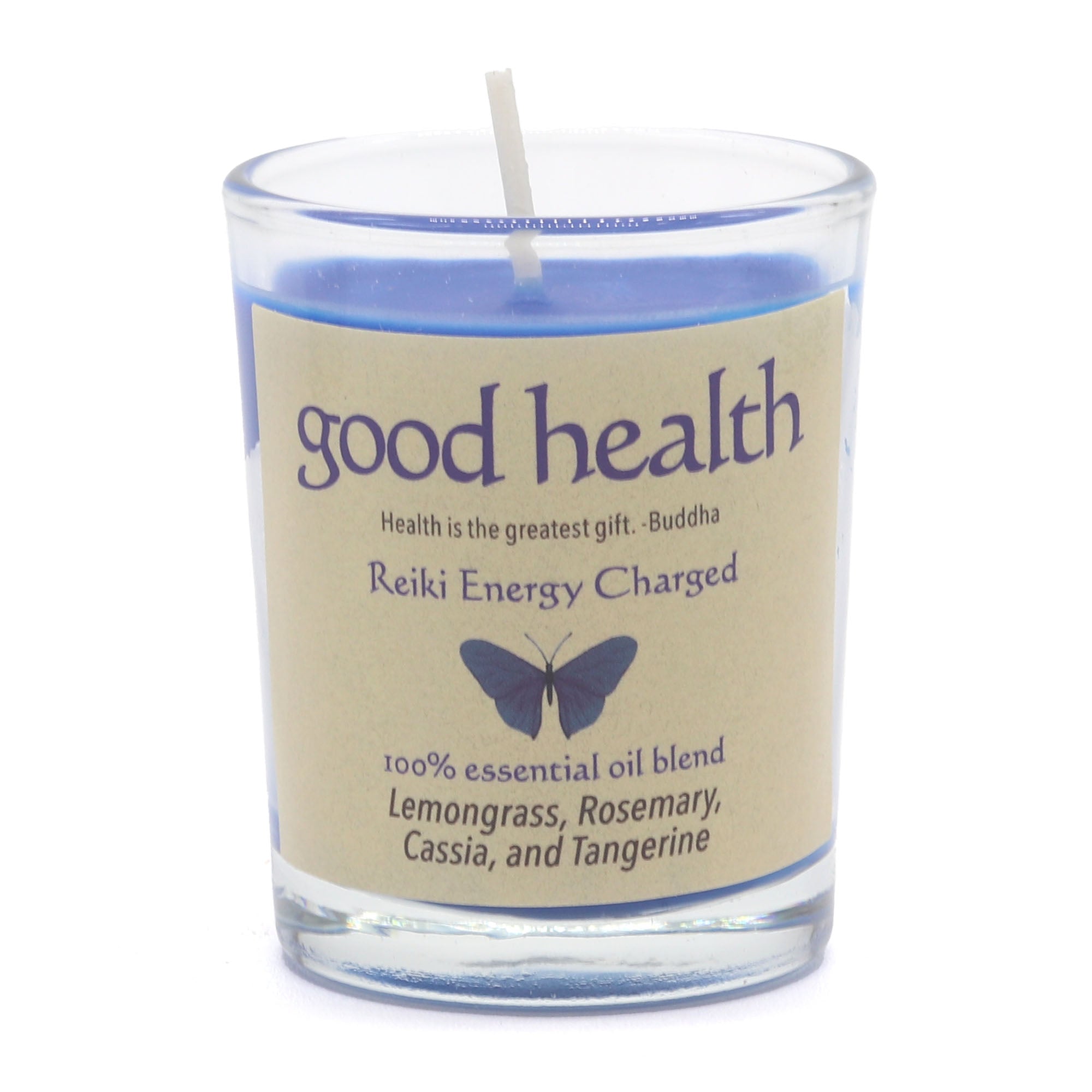 Candle in a glass jar with a 'good health' label on a white background