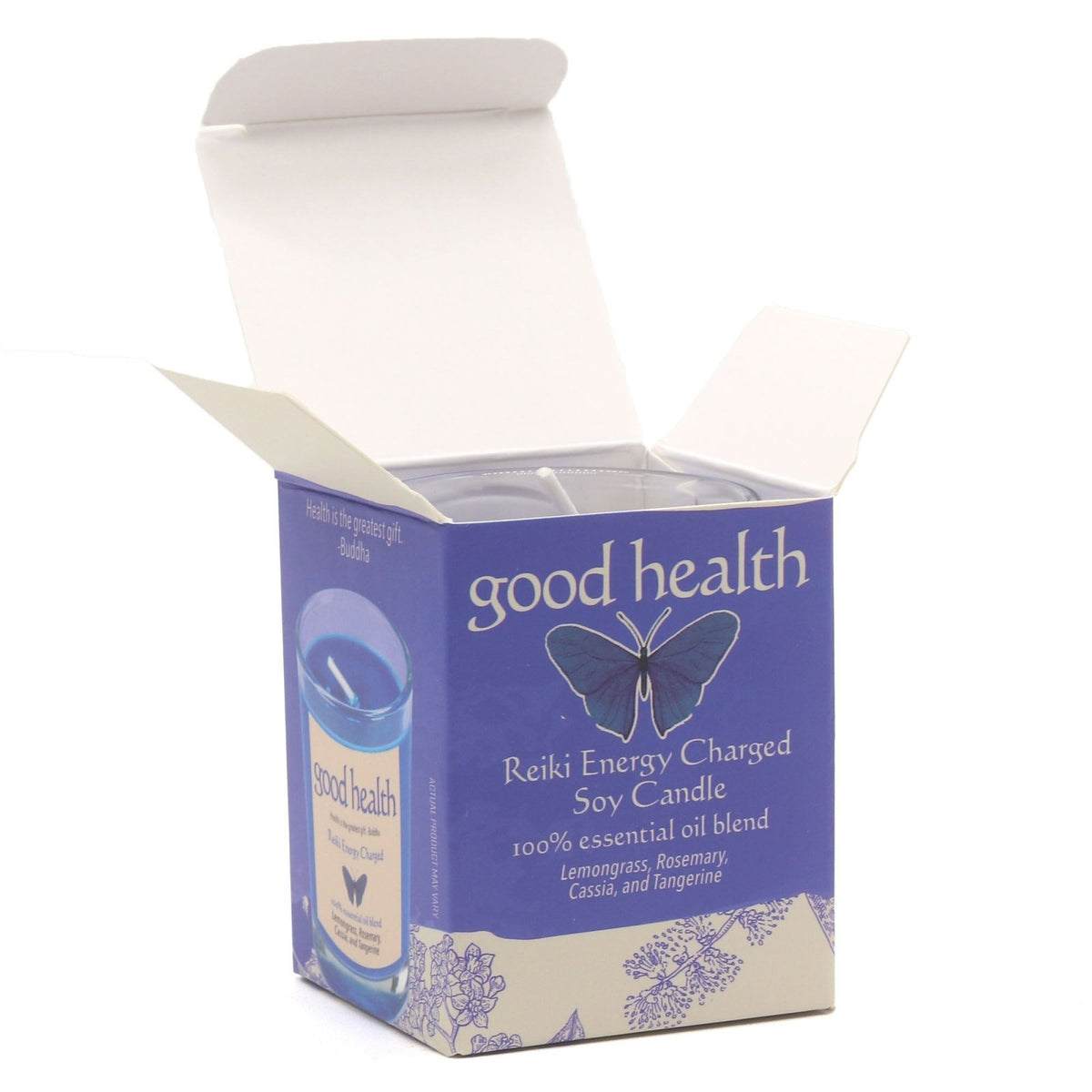 Good Health Reiki Energy Charged Soy Candle in packaging on a white background