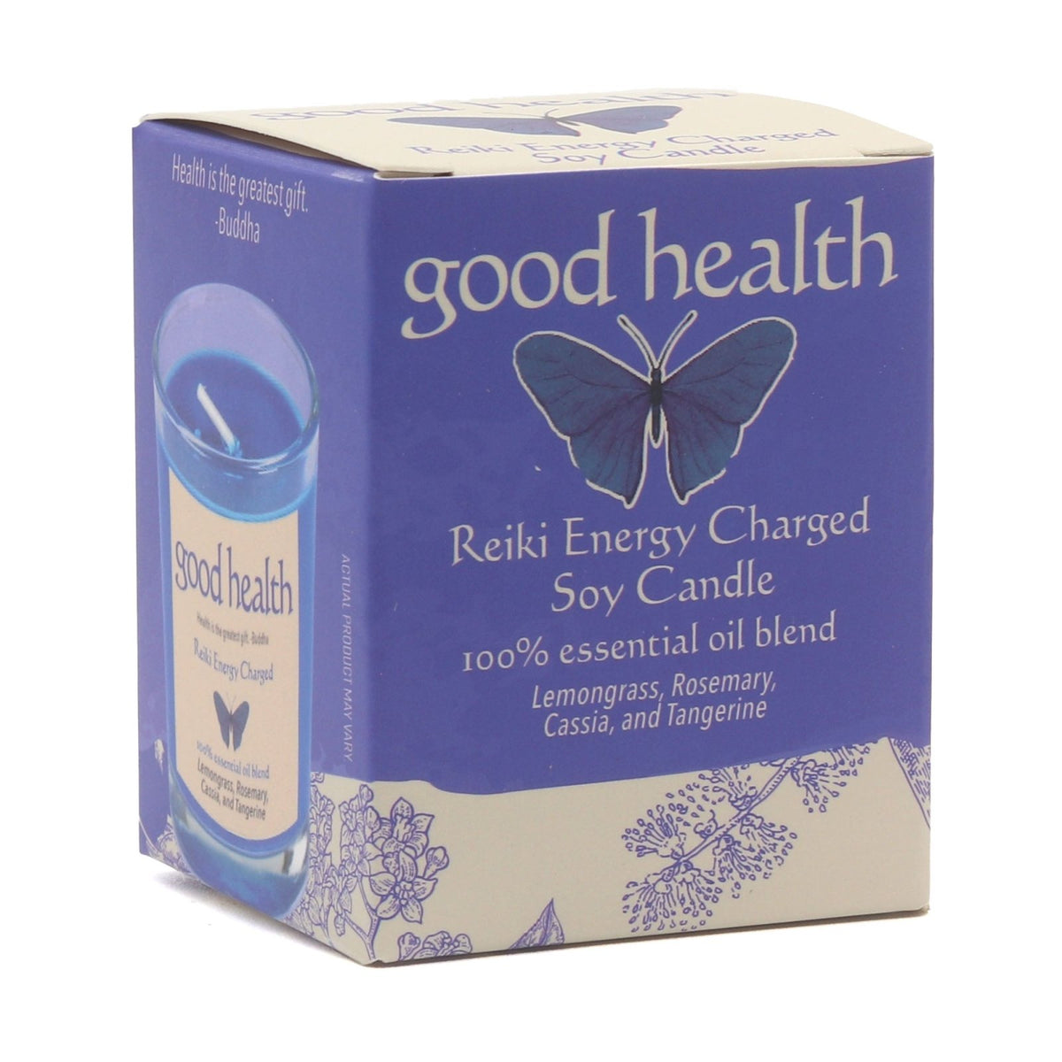 Box of 'good health' Reiki Energy Charged Soy Candle with butterfly design on a white background