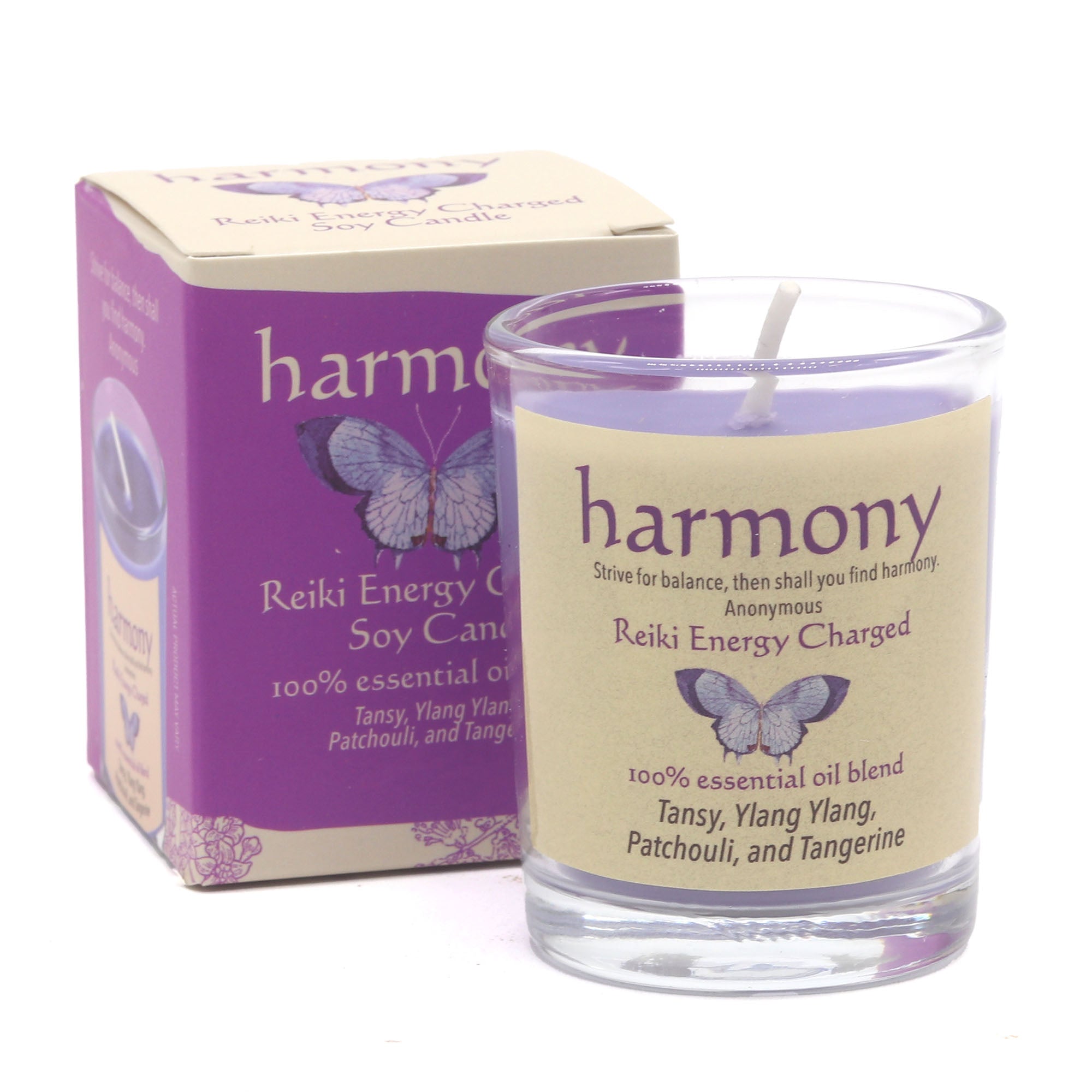 Harmony Reiki Energy Charged candle with packaging on a white background