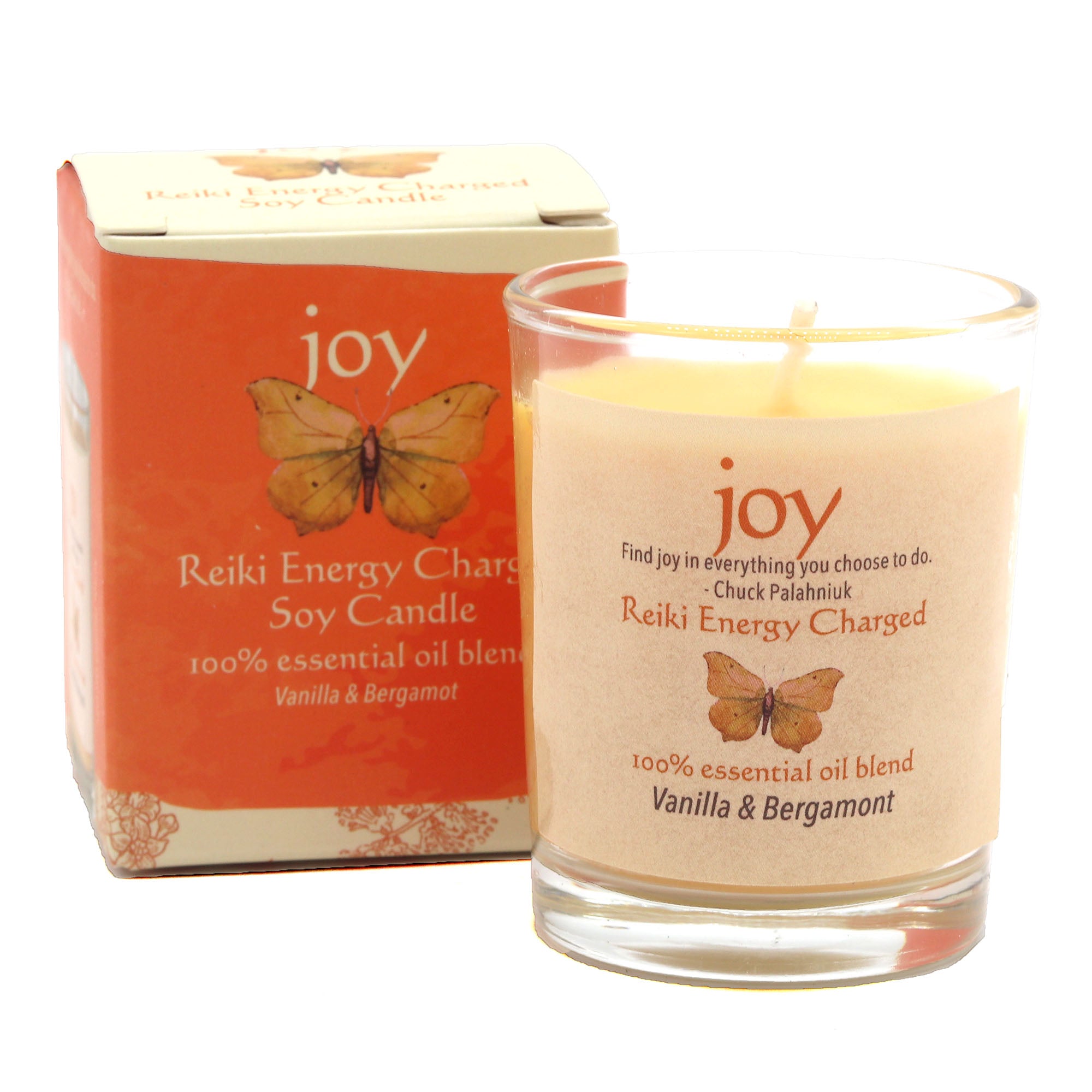 Reiki Energy Charged soy candle with packaging featuring a butterfly design on a white background.