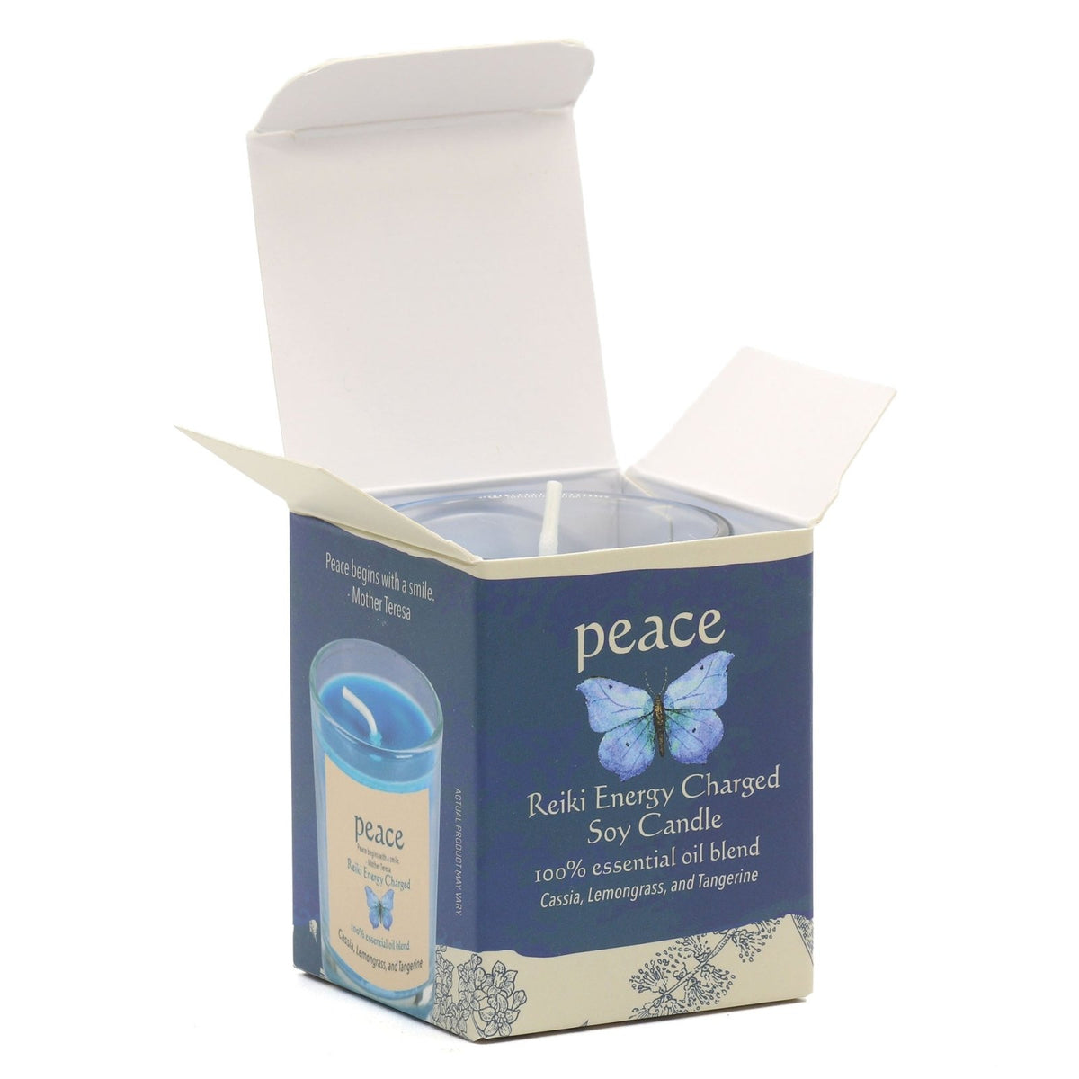 Candle packaging with 'peace' branding and butterfly design on a white background