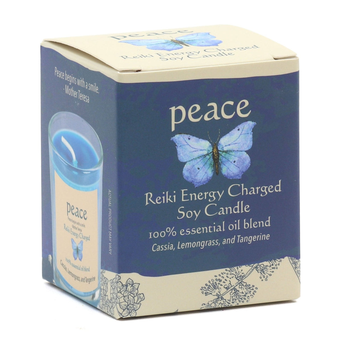 Box of Reiki Energy Charged Soy Candle with blue butterfly design on a white background