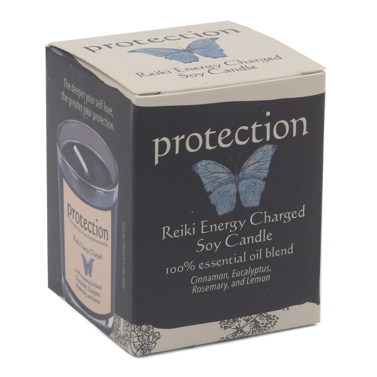 Box of a 'Protection' Reiki Energy Charged Soy Candle with butterfly design on a white background