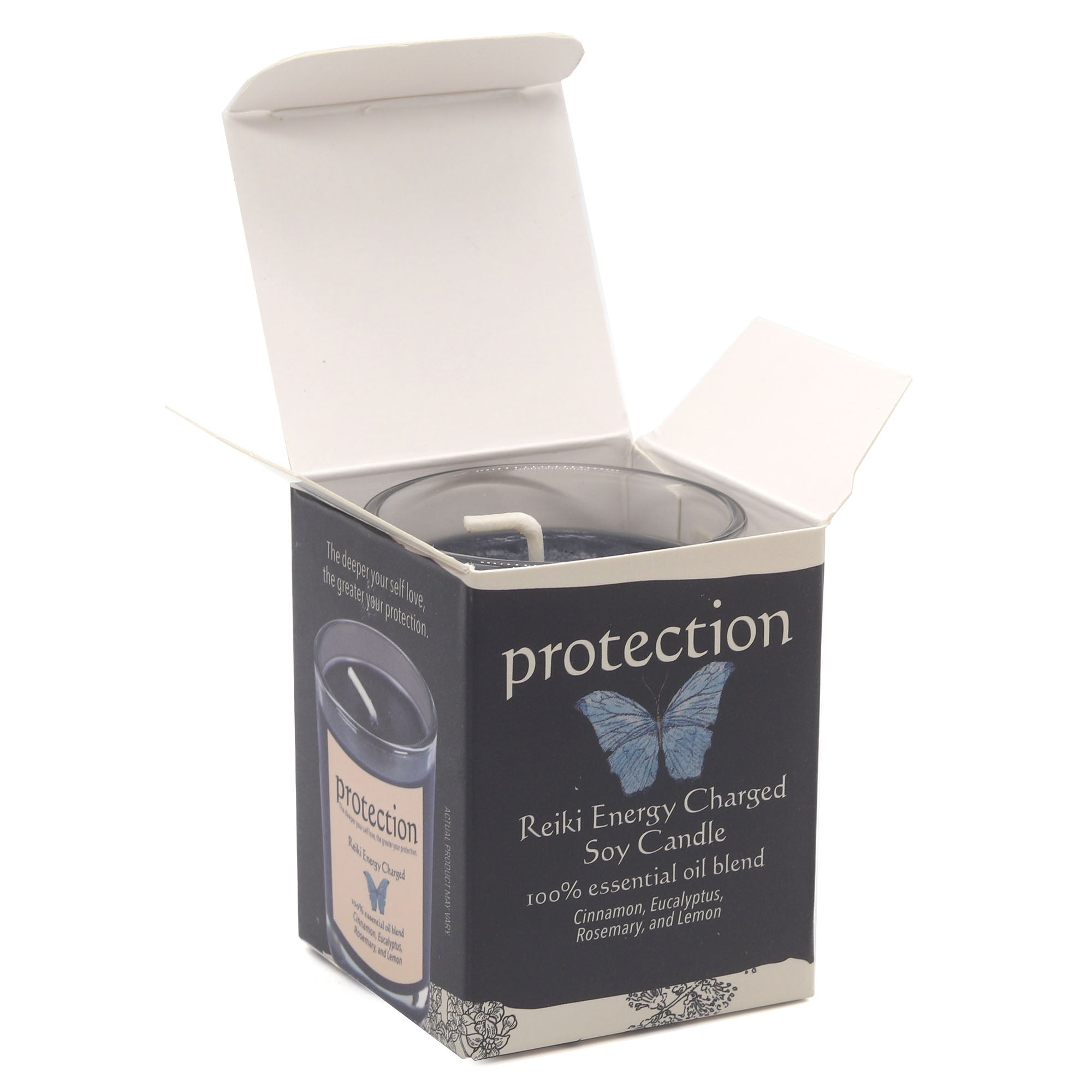 Candle packaging with 'protection' text and butterfly design on a white background