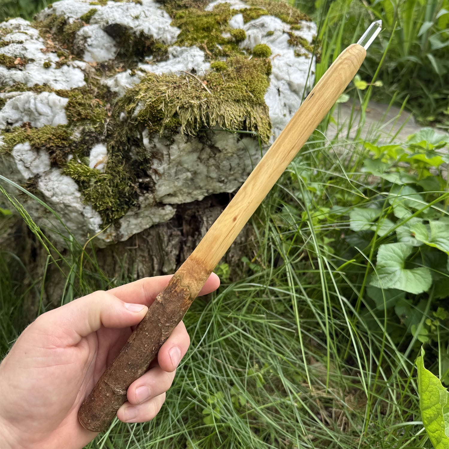 Ash Wand 12 Inch with Clear Quartz Crystal Point