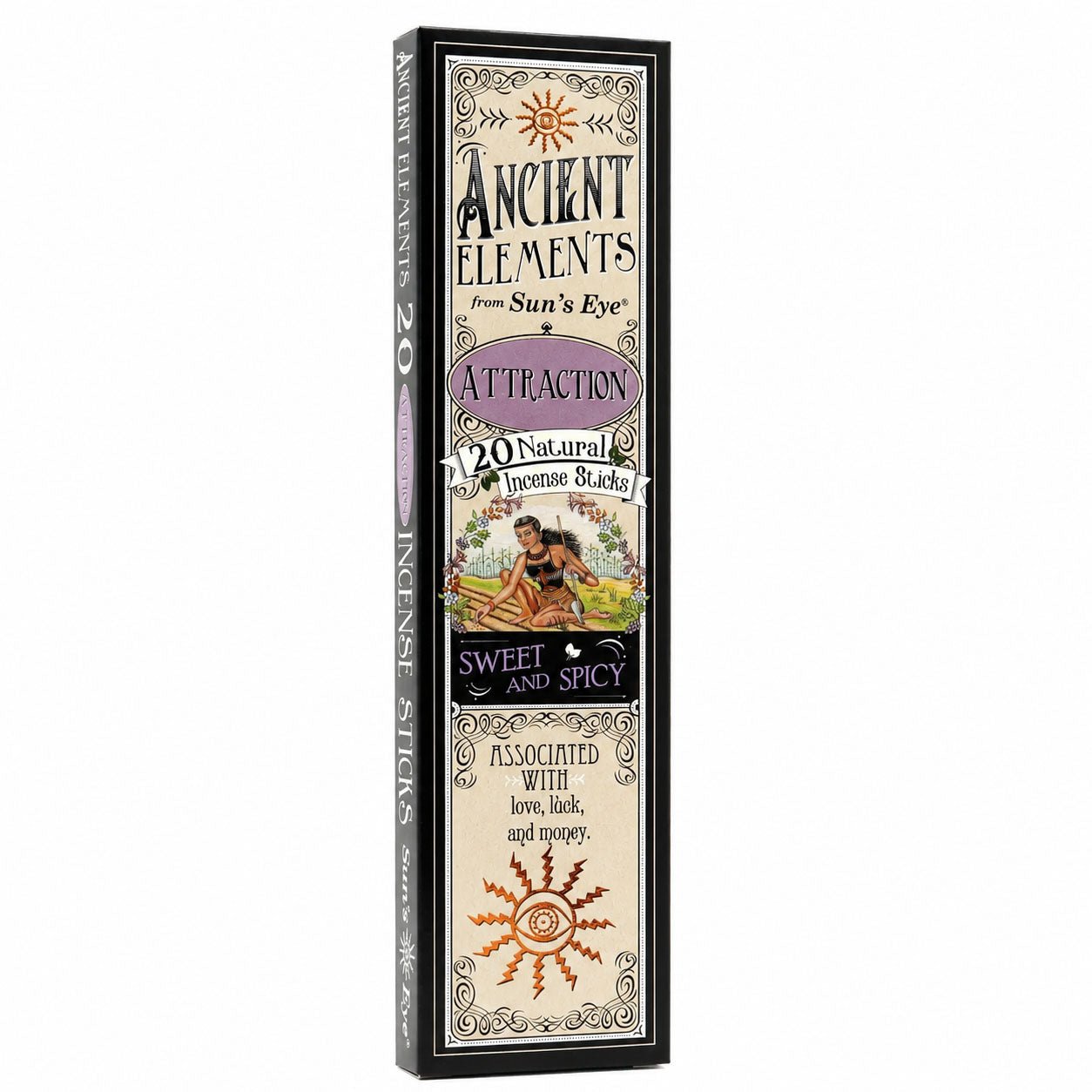Box of 'Ancient Elements' incense sticks with decorative design and text on a white background