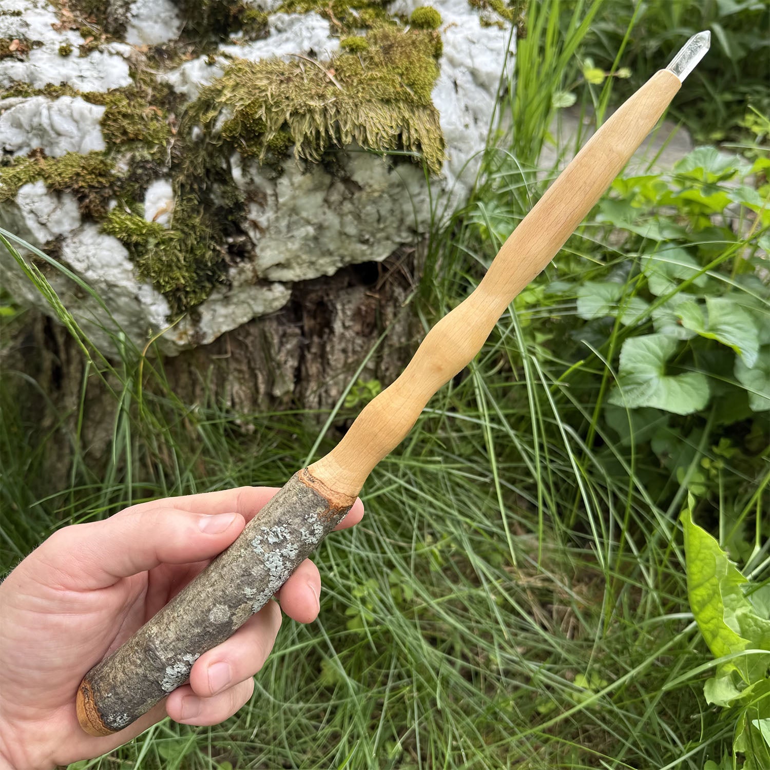 Beech Wand 13 Inch with Clear Quartz Crystal Point
