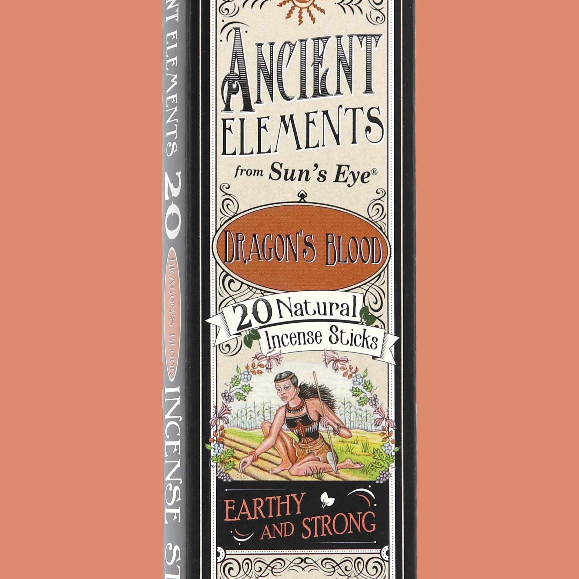 Packaging of Ancient Elements Dragon's Blood incense sticks on a peach background