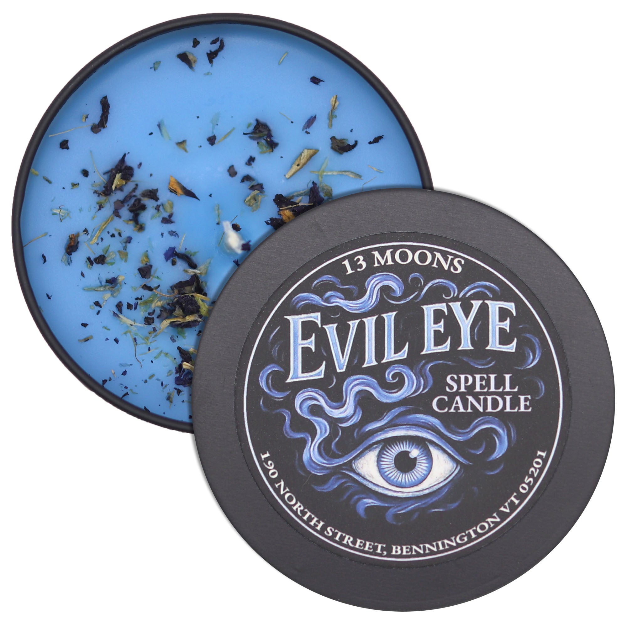 Evil Eye spell candle packaging with blue interior and black lid featuring eye design.