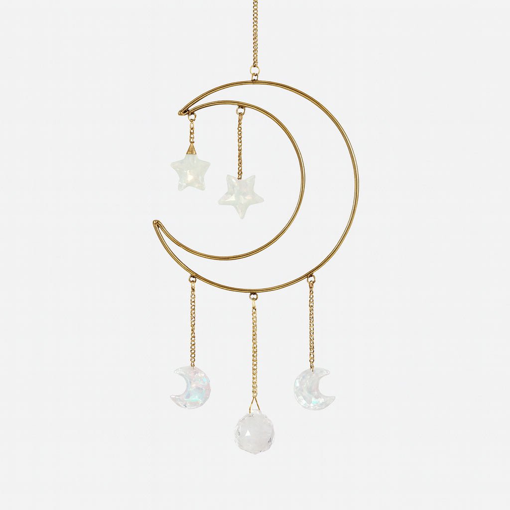 Crescent Moon Wall Hanging with Sun Catcher Crystal and Opalite Stones