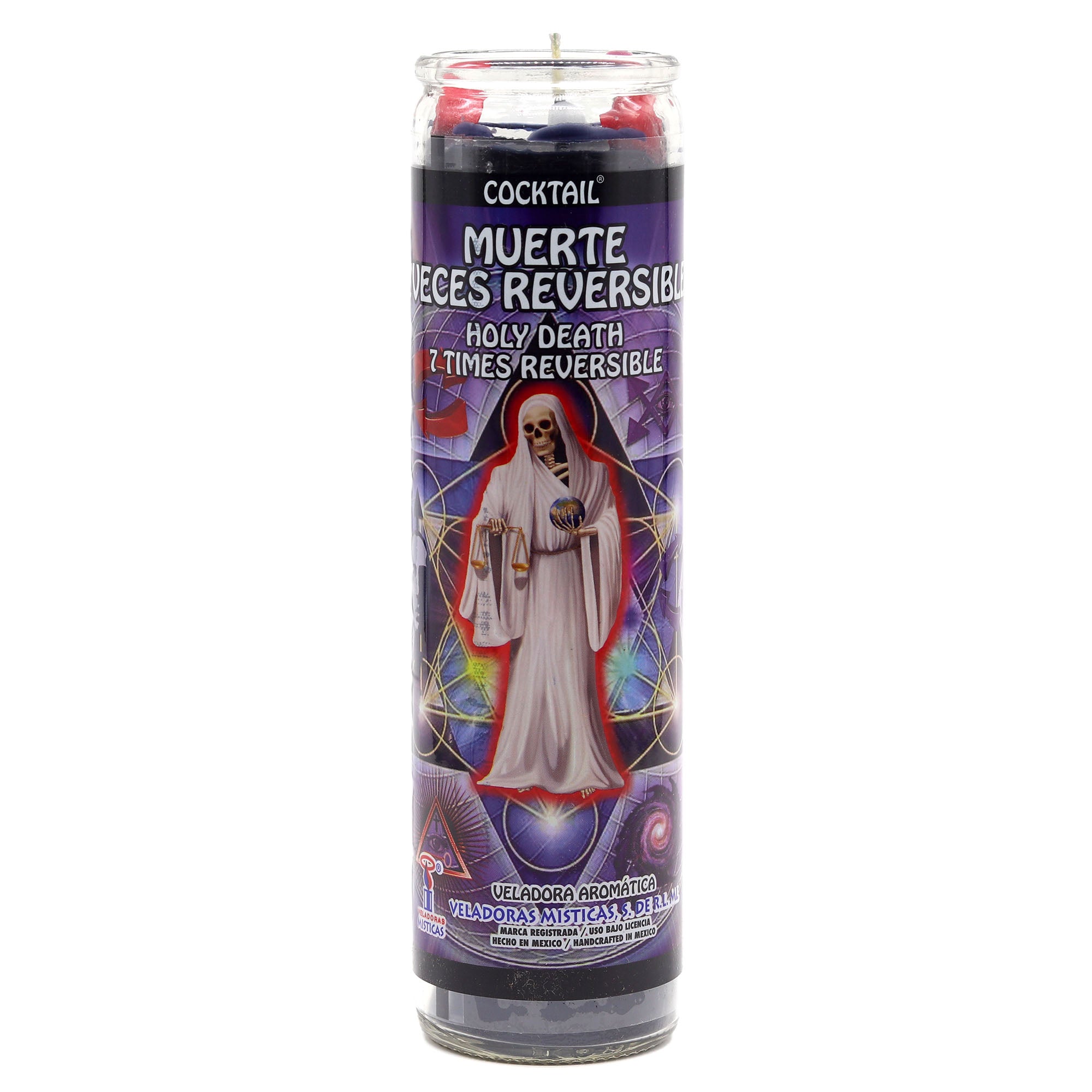 Candle with a graphic of a skeleton in a white dress and purple shawl on a colorful background.