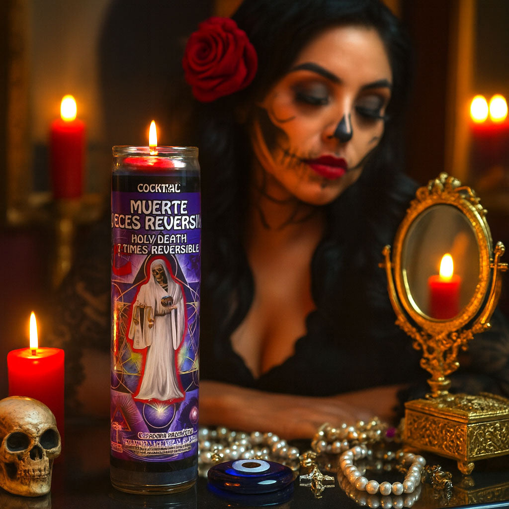 Woman with dark makeup and red rose, surrounded by candles and a mystical candle labeled 'Holy Death'.