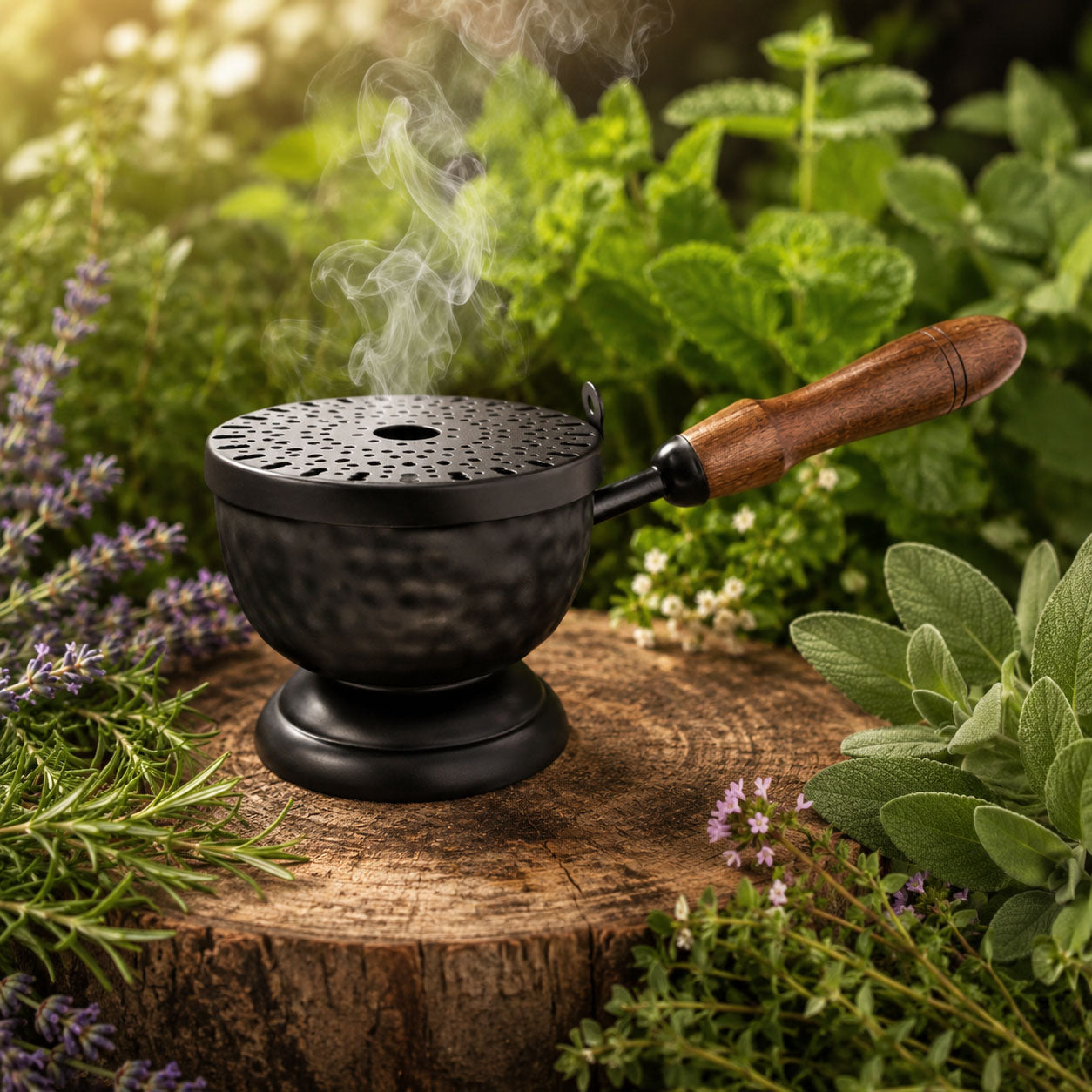 9" Iron Cauldron Burner with Lid & Wooden Handle