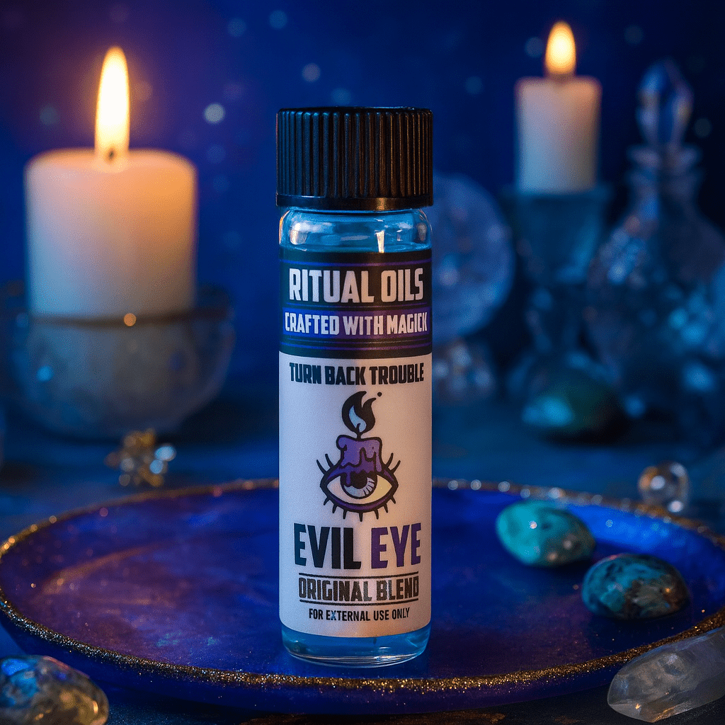 Bottle of 'Evil Eye' ritual oil with candles and crystals on a dark background