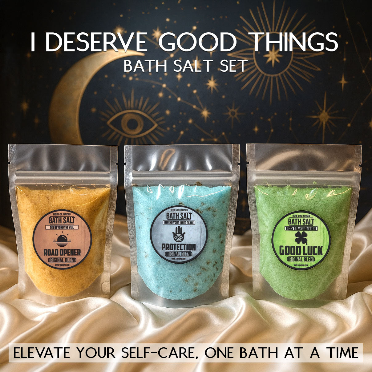 Three bath salt packages with labels 'Road Opener', 'Protection', and 'Good Luck' against a mystical background.