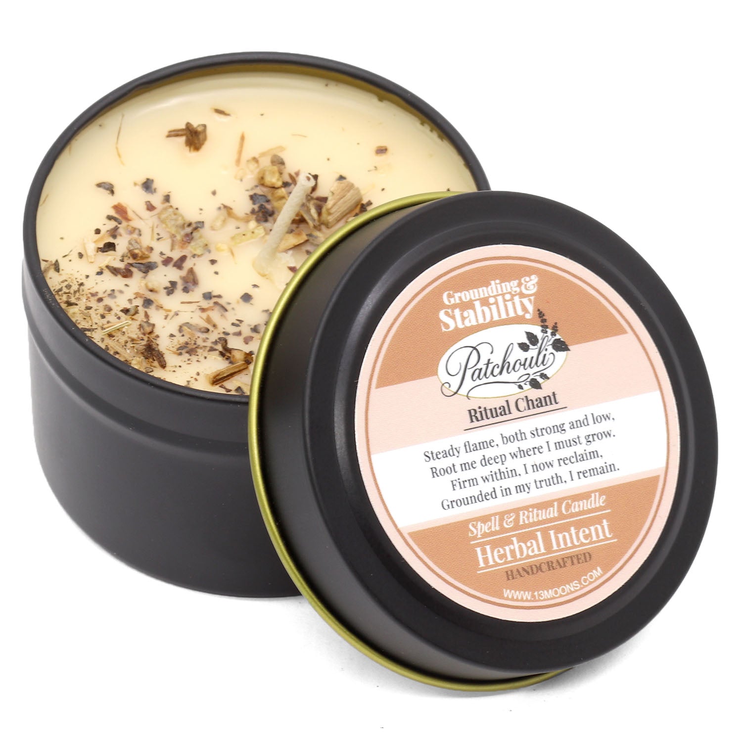 Candle in a black tin with a label on a white background