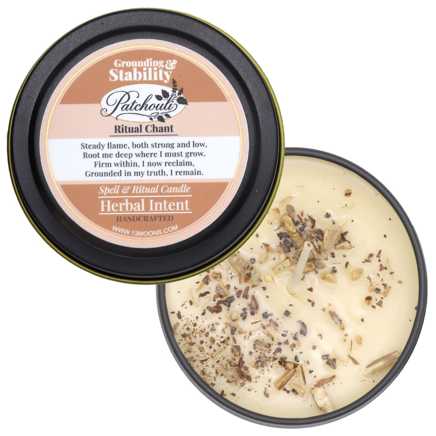 Patchouli candle with label on a white background