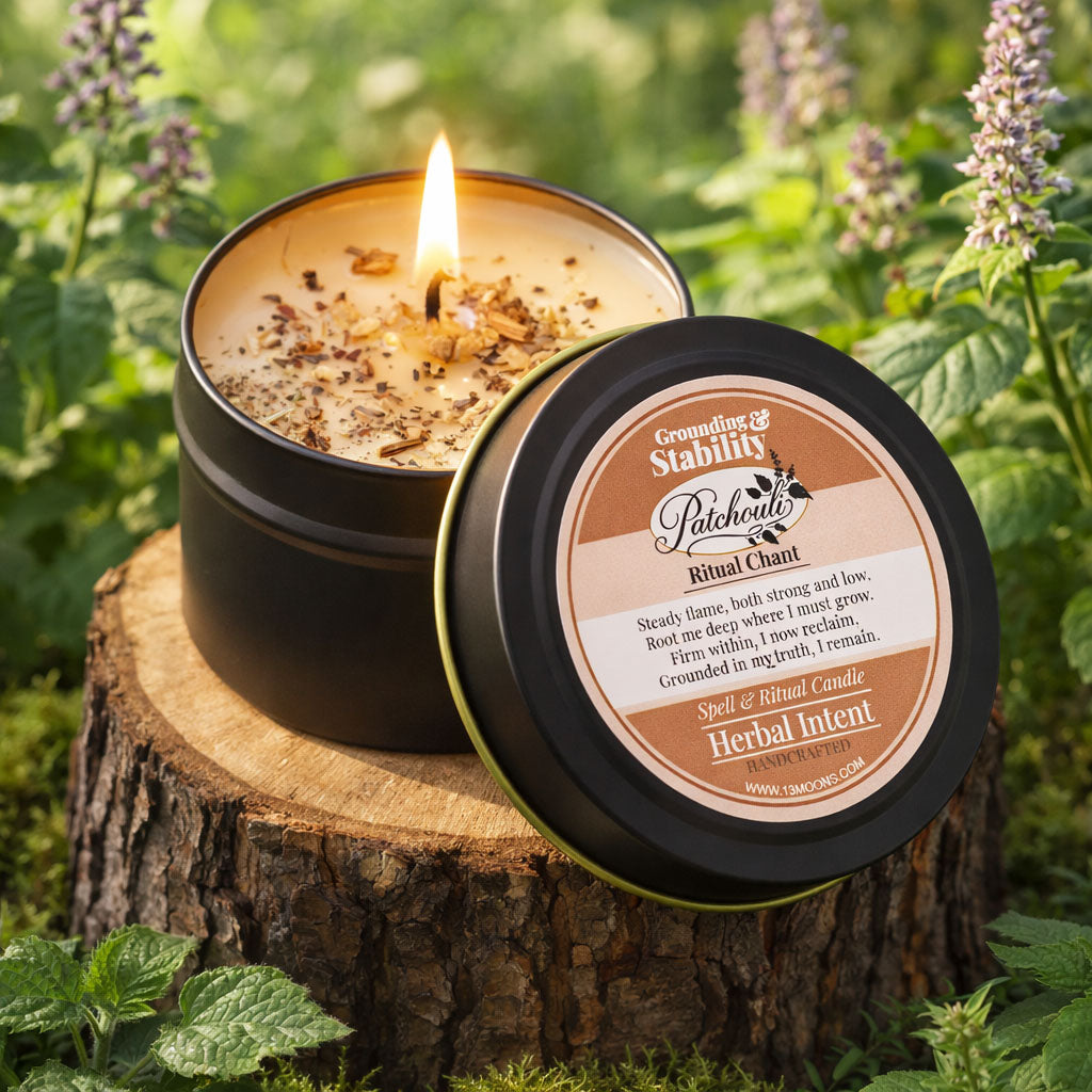 Candle in a tin with a label on a wooden stump surrounded by plants