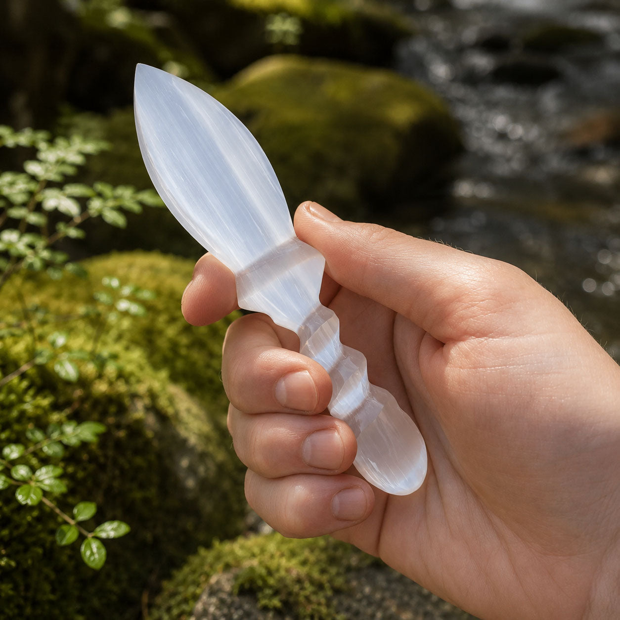 Hand holding a selenite crystal athame against a natural background with greenery and water.